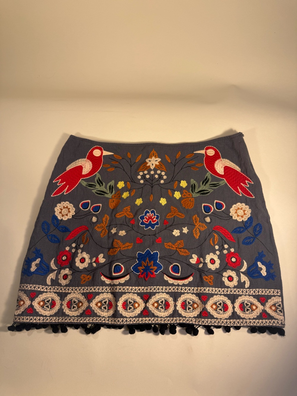 Umgee Navy Mini Skirt with Red Bird & Multicolor Embroidery - Picture 1 of 3